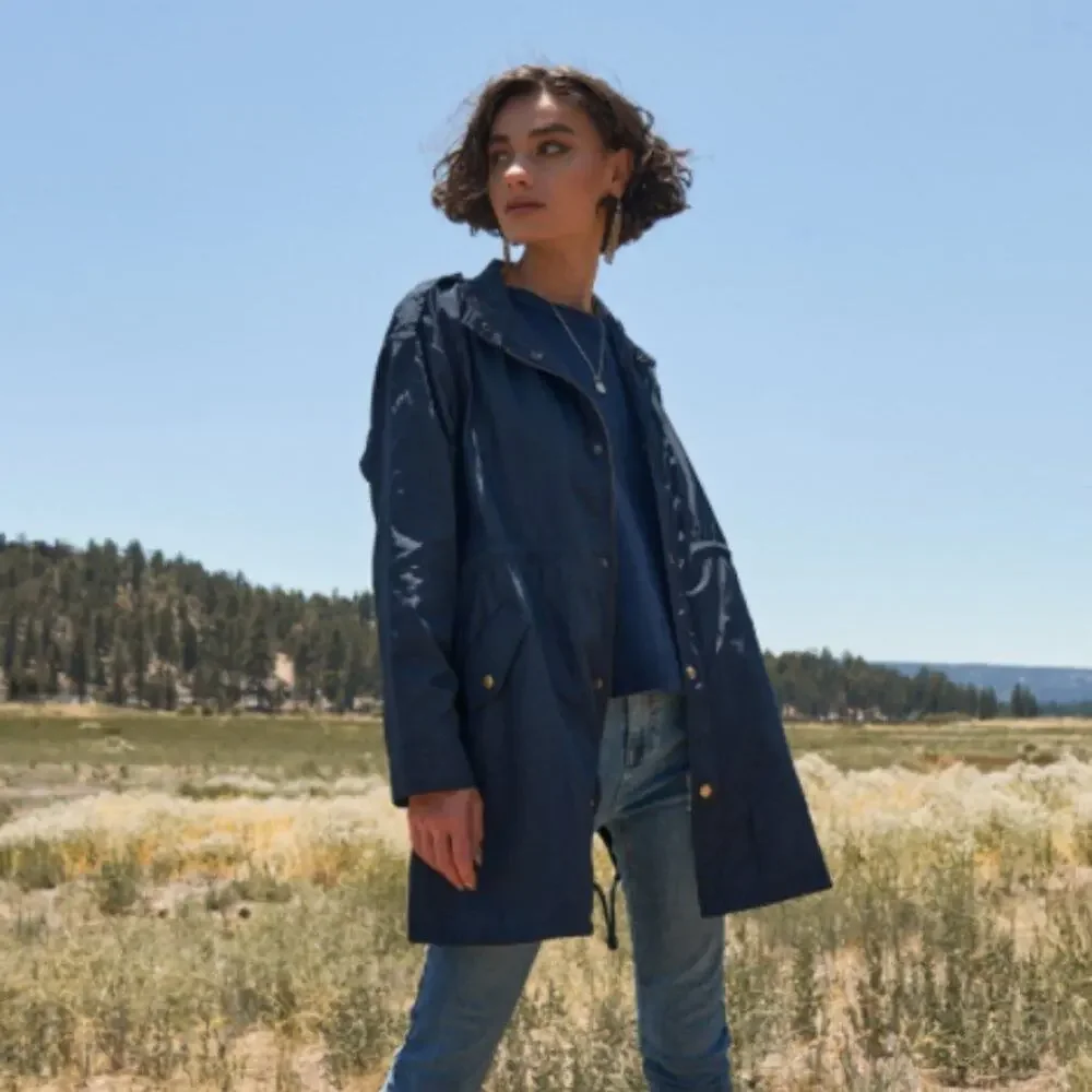 Navy Glossy Drawstring Trim Button-Down Coach Jacket - Picture 4 of 16